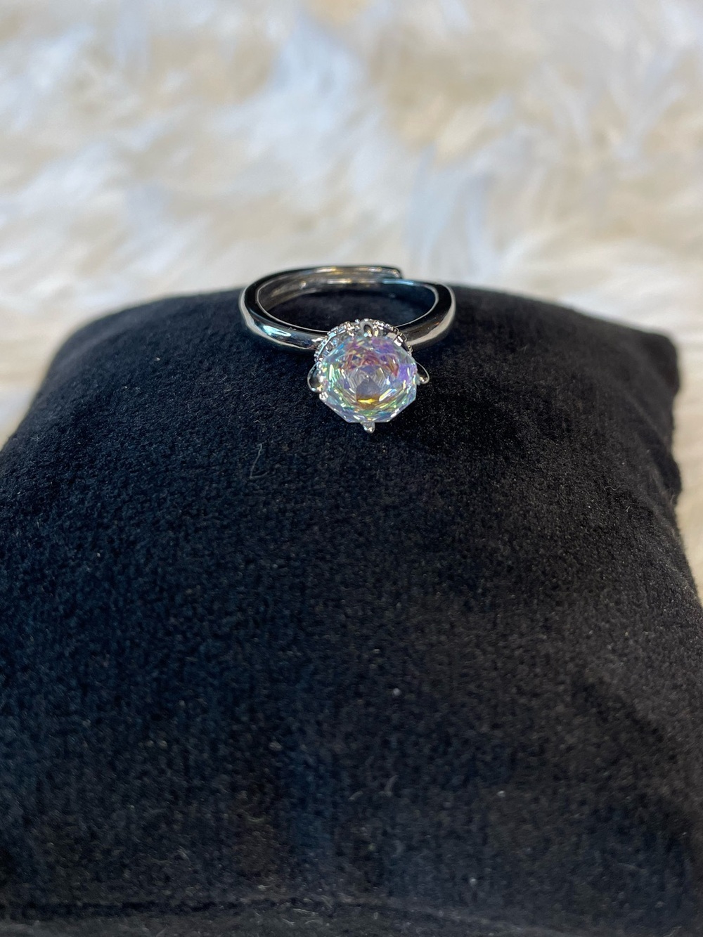 Iridescent Solitaire Silver Rose Cut Ring